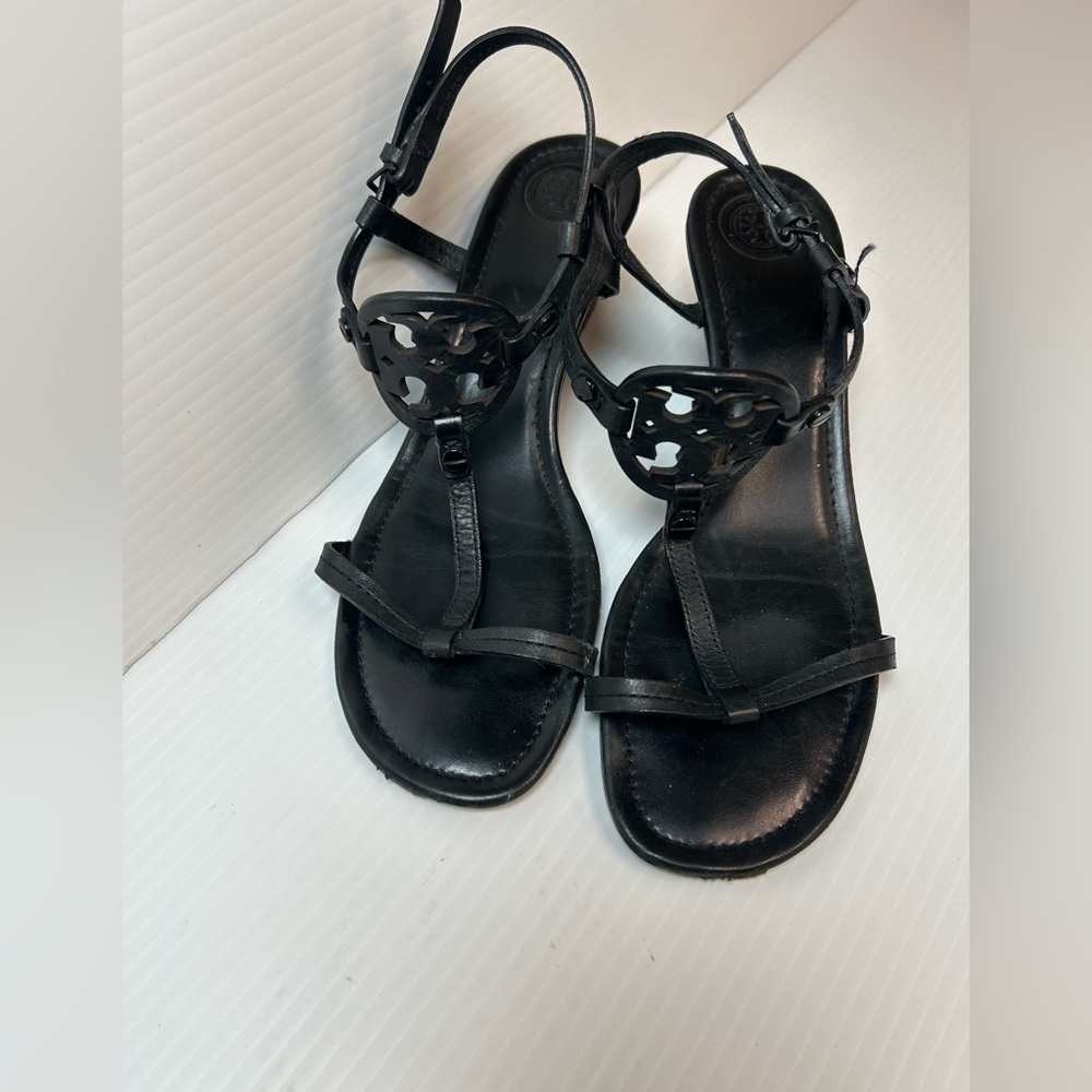 Tory Burch Miller T-strap Logo Sandal 2.5" Wedge Black Size 9